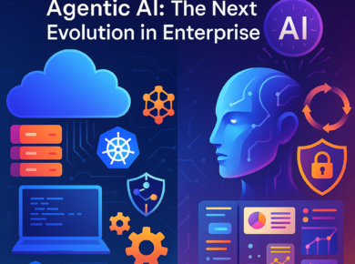 Illustration showing the evolution of enterprise IT from cloud-native systems with Kubernetes to agentic AI with neural interfaces and automation icons.