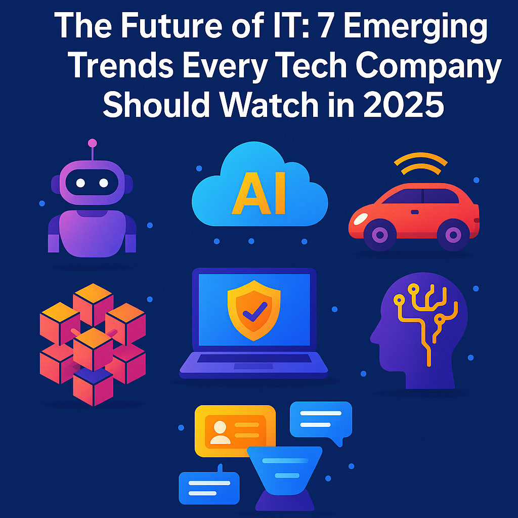Infographic with icons representing the 7 IT trends to watch in 2025, including AI, robotics, blockchain, cybersecurity, and cloud technologies.
