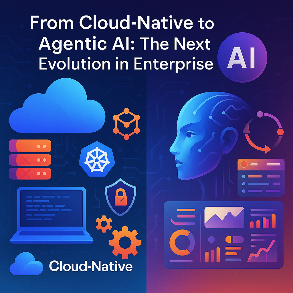 Split design infographic showing cloud-native IT icons on the left and agentic AI icons like neural heads and dashboards on the right.
